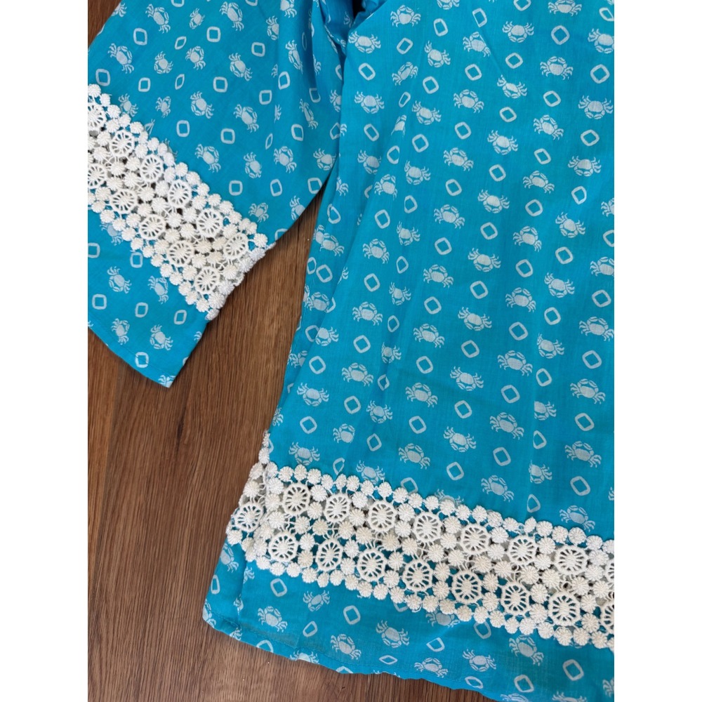 Crown & Ivy Womens XL Blue Crab Print Crochet Trim Peasant Blouse Coastal Boho - Picture 3 of 8